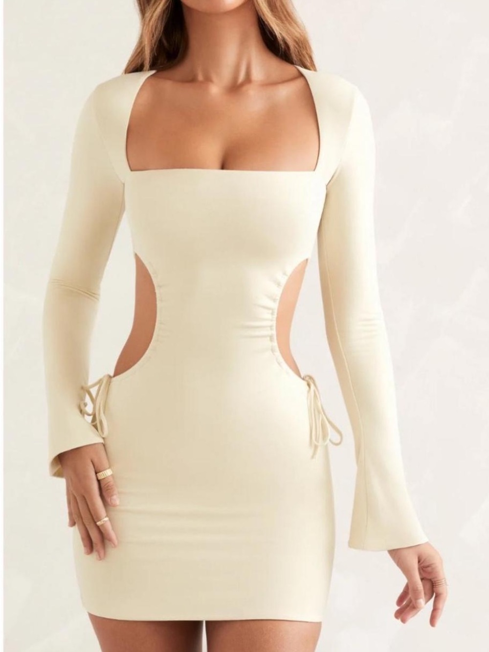 Oh Polly Long Sleeve Cutout Bodycon Dress in Ivory